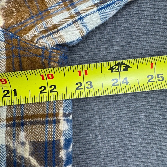 Bleached Flannel Shirt L G Blue Brown Tan Plaid Long Sleeve Button Up Top - Picture 6 of 8